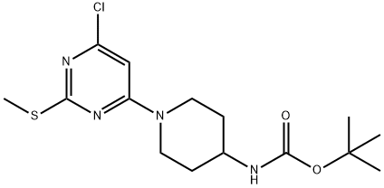 [1-(6-Chloro-2-methylsulfanyl-pyrimidin-4-yl)-piperidin-4-yl]-carbamic acid tert-butyl ester Struktur