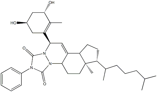 (6aR,7R)-11-((3S,5R)-3,5-dihydroxy-2-Methylcyclohex-1-enyl)-6a-Methyl-7-((R)-6-Methylheptan-2-yl)-2-phenyl-4a,5,6,6a,7,8,9,9a-octahydrocyclopenta[f][1,2,4]triazolo[1,2-a]cinnoline-1,3(2H,11H)-dione Struktur