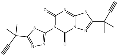 2-(2-Methylbut-3-yn-2-yl)-6-(5-(2-Methylbut-3-yn-2-yl)-1,3,4-thiadiazol-2-yl)-5H-[1,3,4]thiadiazolo[3,2-a][1,3,5]triazine-5,7(6H)-dione Struktur