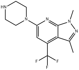 1,3-dimethyl-6-piperazino-4-(trifluoromethyl)-1H-pyrazolo[3,4-b]pyridine Struktur