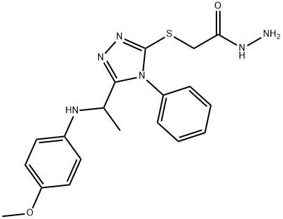 2-[(5-{1-[(4-Methoxyphenyl)amino]ethyl}-4-phenyl-4H-1,2,4-triazol-3-yl)thio]acetohydrazide Struktur