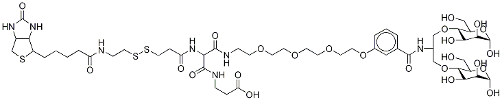 2-[(2-Biotinylamidoethyl)dithiopropionylamino]-N-11-[4-benzoyl-1,3-bis-(D-manos-4-yloxy)-2-propylamino-3,6,9,12-tetraoxododecanyl]-N(2-hydroxylcarbonylethylamino)malonic Acid Diamide Struktur