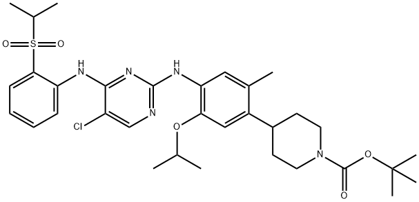 4-[4-[[5-Chloro-4-[[2-[(propan-2-yl)sulfonyl]phenyl]amino]pyrimidin-2-yl]amino]-5-isopropoxy-2-methylphenyl]piperidine-1-carboxylic acid tert-butyl ester Struktur