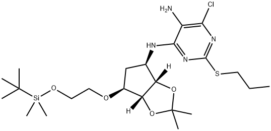 4,5-PyriMidinediaMine, 6-chloro-N4-[(3aS,4R,6S,6aR)-6-[2-[[(1,1-diMethylethyl)diMethylsilyl]oxy]ethoxy]tetrahydro-2,2-diMethyl-4H-cyclopenta-1,3-dioxol-4-yl]-2-(propylthio)- Struktur