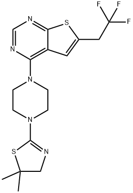 4-(4-(5,5-diMethyl-4,5-dihydrothiazol-2-yl)piperazin-1-yl)-6-(2,2,2-trifluoroethyl)thieno[2,3-d]pyriMidine Struktur