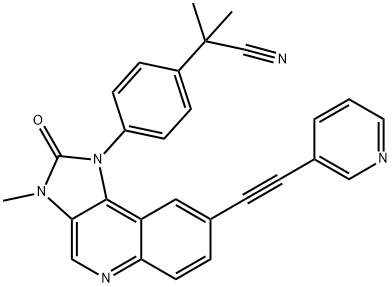 2-Methyl-2-[4-[3-methyl-2-oxo-8-[(pyridin-3-yl)ethynyl]-2,3-dihydroimidazo[4,5-c]quinolin-1-yl]phenyl]propionitrile Struktur