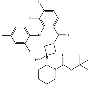 1-Piperidinecarboxylic acid, 2-[1-[3,4-difluoro-2-[(2-fluoro-4-iodophenyl)aMino]benzoyl]-3-hydroxy-3-azetidinyl]-, 1,1-diMethylethyl ester, (2R)- Struktur