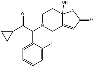 5-(2-cyclopropyl-1-(2-fluorophenyl)-2-oxoethyl)-7a-hydroxy-5,6,7,7a-tetrahydrothieno[3,2-c]pyridin-2(4H)-one Struktur