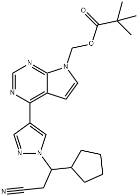 (4-(1-(2-cyano-1-cyclopentylethyl)-1H-pyrazol-4-yl)-7H-pyrrolo[2,3-d]pyrimidin-7-yl)methyl pivalate Struktur