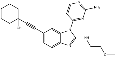 1-((1-(2-aminopyrimidin-4-yl)-2-((2-methoxyethyl)amino)-1H-benzo[d]imidazol-6-yl)ethynyl)cyclohexanol Struktur