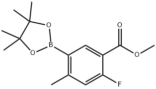 2-Fluoro-4-methyl-5-(4,4,5,5-tetramethyl-[1,3,2]dioxaborolan-2-yl)-benzoic acid methyl ester Struktur