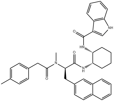 1H-Indole-3-carboxamide, N-[(1R,2S)-2-[[(2R)-2-[methyl[2-(4-methylphenyl)acetyl]amino]-3-(2-naphthalenyl)-1-oxopropyl]amino]cyclohexyl]- Struktur