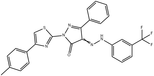 2-[4-(4-methylphenyl)-1,3-thiazol-2-yl]-5-phenyl-4-{[3-(trifluoromethyl)phenyl]hydrazono}-2,4-dihydro-3H-pyrazol-3-one Struktur