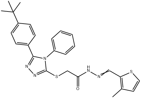 2-[[5-(4-tert-butylphenyl)-4-phenyl-1,2,4-triazol-3-yl]sulfanyl]-N-[(E)-(3-methylthiophen-2-yl)methylideneamino]acetamide Struktur