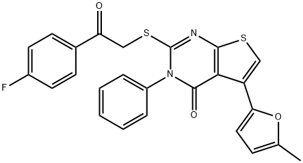 2-((2-(4-fluorophenyl)-2-oxoethyl)thio)-5-(5-methylfuran-2-yl)-3-phenylthieno[2,3-d]pyrimidin-4(3H)-one Struktur