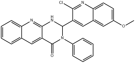 2-(2-chloro-6-methoxyquinolin-3-yl)-3-phenyl-1,2-dihydropyrimido[4,5-b]quinolin-4-one Struktur