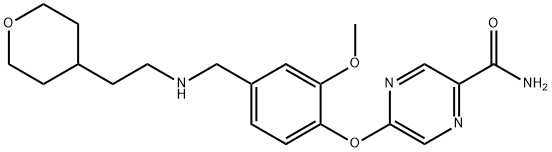 5-(2-Methoxy-4-(((2-(tetrahydro-2H-pyran-4-yl)ethyl)amino)methyl)phenoxy)pyrazine-2-carboxamide Struktur