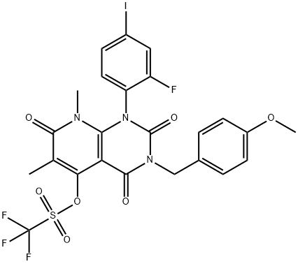 1-(2-fluoro-4-iodophenyl)-3-(4-methoxybenzyl)-6,8-dimethyl-2,4,7-trioxo-1,2,3,4,7,8-hexahydropyrido[2,3-d]pyrimidin-5-yl trifluoromethanesulfonate Struktur