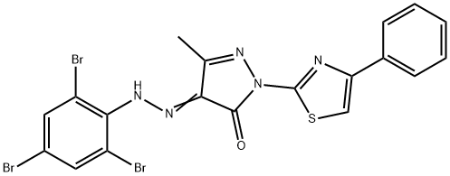 5-methyl-2-(4-phenyl-1,3-thiazol-2-yl)-4-[(2,4,6-tribromophenyl)hydrazono]-2,4-dihydro-3H-pyrazol-3-one Struktur