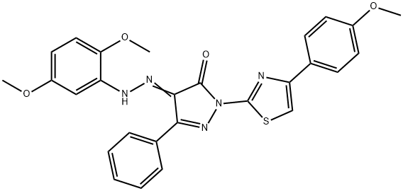 4-[(2,5-dimethoxyphenyl)hydrazono]-2-[4-(4-methoxyphenyl)-1,3-thiazol-2-yl]-5-phenyl-2,4-dihydro-3H-pyrazol-3-one Struktur