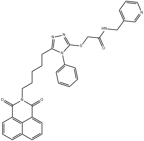 2-((5-(5-(1,3-dioxo-1H-benzo[de]isoquinolin-2(3H)-yl)pentyl)-4-phenyl-4H-1,2,4-triazol-3-yl)thio)-N-(pyridin-3-ylmethyl)acetamide Struktur