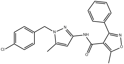 N-[1-[(4-chlorophenyl)methyl]-5-methylpyrazol-3-yl]-5-methyl-3-phenyl-1,2-oxazole-4-carboxamide Struktur