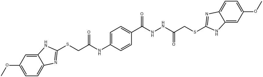 2-[(6-methoxy-1H-benzimidazol-2-yl)sulfanyl]-N-[4-[[[2-[(6-methoxy-1H-benzimidazol-2-yl)sulfanyl]acetyl]amino]carbamoyl]phenyl]acetamide Struktur