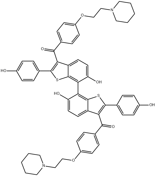 [6-hydroxy-7-[6-hydroxy-2-(4-hydroxyphenyl)-3-[4-(2-piperidin-1-ylethoxy)benzoyl]-1-benzothiophen-7-yl]-2-(4-hydroxyphenyl)-1-benzothiophen-3-yl]-[4-(2-piperidin-1-ylethoxy)phenyl]methanone Struktur