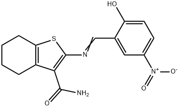 2-[(2-hydroxy-5-nitrobenzylidene)amino]-4,5,6,7-tetrahydro-1-benzothiophene-3-carboxamide Struktur