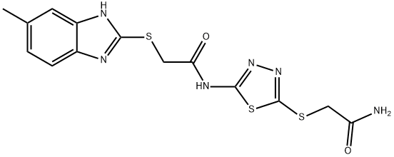 N-{5-[(2-amino-2-oxoethyl)sulfanyl]-1,3,4-thiadiazol-2-yl}-2-[(5-methyl-1H-benzimidazol-2-yl)sulfanyl]acetamide Struktur