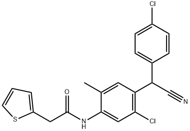 N-[5-chloro-4-[(4-chlorophenyl)-cyanomethyl]-2-methylphenyl]-2-thiophen-2-ylacetamide Struktur