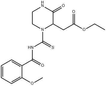 ethyl (1-{[(2-methoxybenzoyl)amino]carbonothioyl}-3-oxo-2-piperazinyl)acetate Struktur