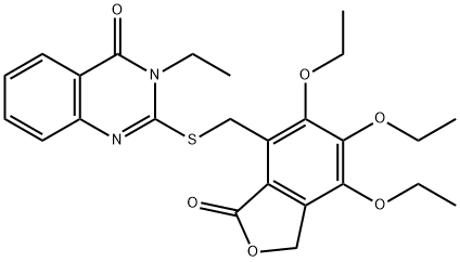 3-ethyl-2-{[(5,6,7-triethoxy-3-oxo-1,3-dihydro-2-benzofuran-4-yl)methyl]sulfanyl}-4(3H)-quinazolinone Struktur