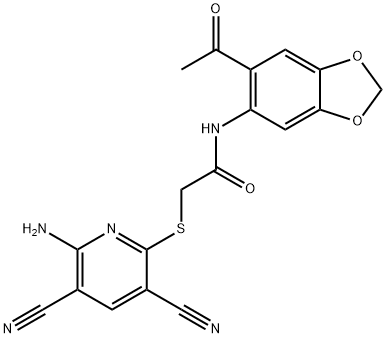 N-(6-acetyl-1,3-benzodioxol-5-yl)-2-(6-amino-3,5-dicyanopyridin-2-yl)sulfanylacetamide Struktur