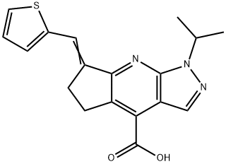 1-Isopropyl-7-thiophen-2-ylmethylene-1,5,6,7-tetrahydro-1,2,8-triaza-s-indacene-4-carboxylic acid Struktur