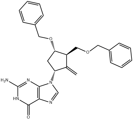 2-amino-9-[(1R,3R,4S)-2-methylidene-4-phenylmethoxy-3-(phenylmethoxymethyl)cyclopentyl]-3H-purin-6-one Struktur