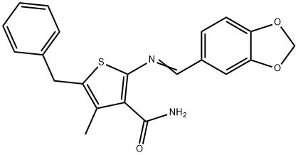 2-[(1,3-benzodioxol-5-ylmethylene)amino]-5-benzyl-4-methyl-3-thiophenecarboxamide Struktur