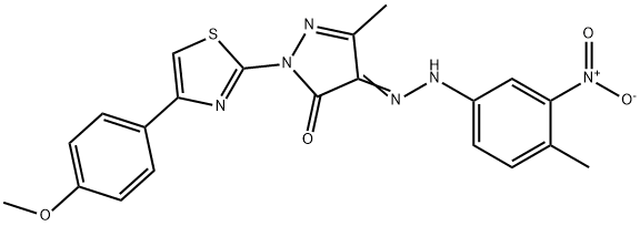 2-[4-(4-methoxyphenyl)-1,3-thiazol-2-yl]-5-methyl-4-[(4-methyl-3-nitrophenyl)hydrazono]-2,4-dihydro-3H-pyrazol-3-one Struktur