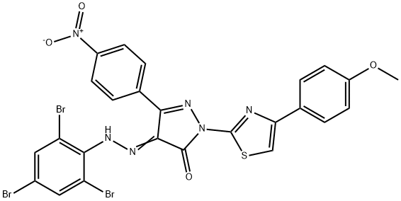 2-[4-(4-methoxyphenyl)-1,3-thiazol-2-yl]-5-(4-nitrophenyl)-4-[(2,4,6-tribromophenyl)hydrazono]-2,4-dihydro-3H-pyrazol-3-one Struktur