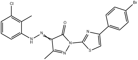 2-[4-(4-bromophenyl)-1,3-thiazol-2-yl]-4-[(3-chloro-2-methylphenyl)hydrazono]-5-methyl-2,4-dihydro-3H-pyrazol-3-one Struktur