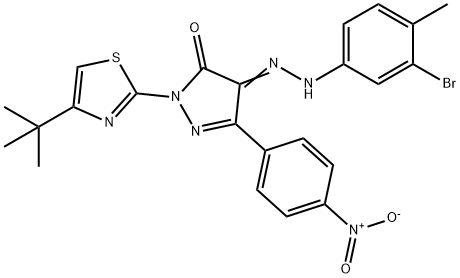 4-[(3-bromo-4-methylphenyl)hydrazono]-2-(4-tert-butyl-1,3-thiazol-2-yl)-5-(4-nitrophenyl)-2,4-dihydro-3H-pyrazol-3-one Struktur