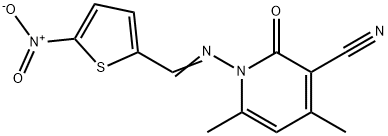 4,6-dimethyl-1-{[(5-nitro-2-thienyl)methylene]amino}-2-oxo-1,2-dihydro-3-pyridinecarbonitrile Struktur