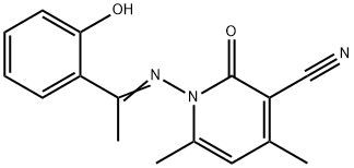 1-{[1-(2-hydroxyphenyl)ethylidene]amino}-4,6-dimethyl-2-oxo-1,2-dihydro-3-pyridinecarbonitrile Struktur