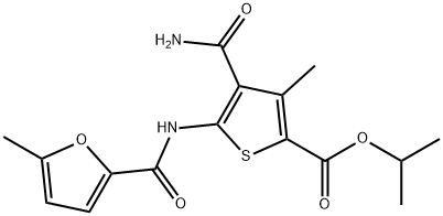 propan-2-yl 4-carbamoyl-3-methyl-5-{[(5-methylfuran-2-yl)carbonyl]amino}thiophene-2-carboxylate Struktur