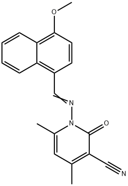 1-{[(4-methoxy-1-naphthyl)methylene]amino}-4,6-dimethyl-2-oxo-1,2-dihydro-3-pyridinecarbonitrile Struktur