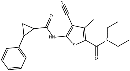 4-cyano-N,N-diethyl-3-methyl-5-[(2-phenylcyclopropanecarbonyl)amino]thiophene-2-carboxamide Struktur