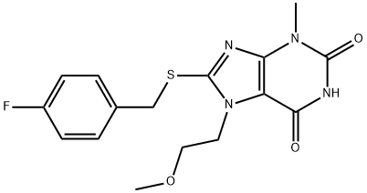 8-((4-fluorobenzyl)thio)-7-(2-methoxyethyl)-3-methyl-3,7-dihydro-1H-purine-2,6-dione Struktur