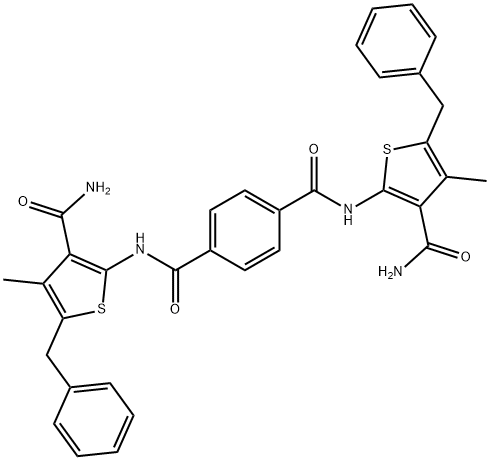 N,N'-bis[3-(aminocarbonyl)-5-benzyl-4-methyl-2-thienyl]terephthalamide Struktur