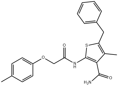 5-benzyl-4-methyl-2-{[(4-methylphenoxy)acetyl]amino}-3-thiophenecarboxamide Struktur