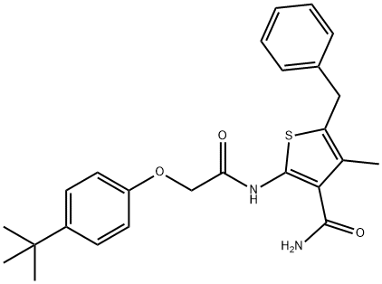 5-benzyl-2-{[(4-tert-butylphenoxy)acetyl]amino}-4-methyl-3-thiophenecarboxamide Struktur